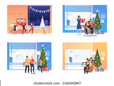 Set of pictures with people celebrating Christmas. New Year, family. Vector illustration with holiday concept for banner, website design or landing web page