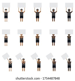 Set of pictures of people holding signs to protest with a variety of styles.