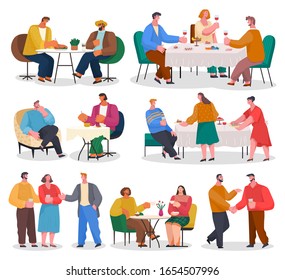 Set of pictures with people in restaurant or home reception. Family meeting with food and drinks. Friends spending time together. Men and women talking and having fun. Vector illustration of party