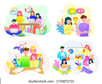 Set of pictures with people working together on project. Man and woman thinking about business strategy for startup. Workers have achievement, sign of success. Vector illustration of teamwork in flat