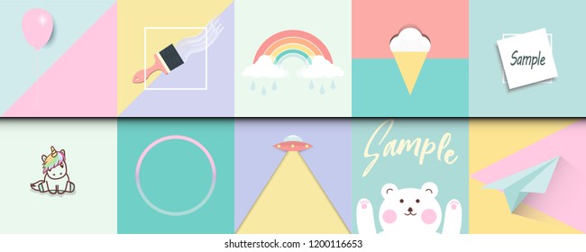 set of pictures with pink balloon, paint brush,rainbow on clouds,ice cream unicorn,UFO,polar bear,paper airplane on pastel tones background.
Сan be used in advertising, posters, postcards, flyers