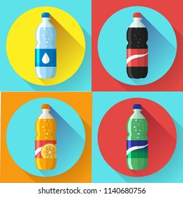 set of pictures plastic bottle of sugar soda drinks. Flat vector illustration.