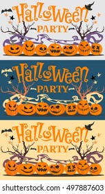 Set of pictures, postcards Halloween party with cartoon pumpkins, bats, witch hat, stars and trees. Vector illustration.