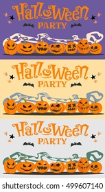Set of pictures, postcards Halloween party with cartoon pumpkins, bats, stars. Vector illustration. 