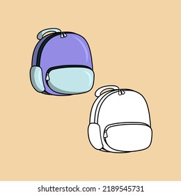 A set of pictures, a school lilac bag, a backpack for a student, a vector illustration in cartoon style on a colored background