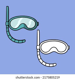 A set of pictures, a scuba diving mask with a breathing tube, a vector illustration in cartoon style on a colored background