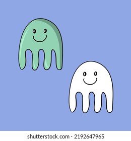 A set of pictures. Sea life, cute green jellyfish with a smile, vector illustration in cartoon style, doodle