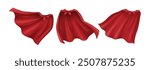 A set of pictures showing superhero capes made of red cloth. These capes look very real and are shown in 3D on a see-through background.