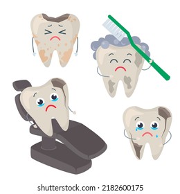 set of pictures of sick and problem teeth. teeth with caries, stains and in the dental chair. vector illustration in cartoon style isolated on white background