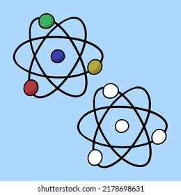 A set of pictures, a simple diagram of an atom, a vector illustration in cartoon style on a colored background