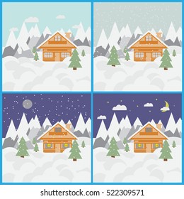 Set with pictures of ski landscape and chalet in mountains with snow and trees day and night with snowfall in flat style