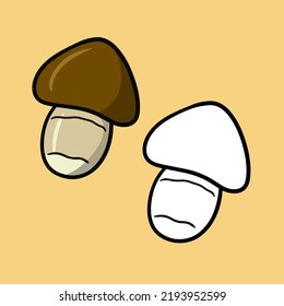 A set of pictures, a small mushroom with a brown hat, a birch bark, a vector illustration in cartoon style on a colored background