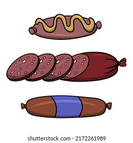 A set of pictures, smoked sausage with bacon, pieces of smoked sausage, vector cartoon illustration on a white background