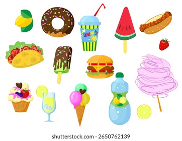 Set of pictures with summer fast food. Ice cream, cotton candy, drinks, cake icons. Tasty food. Vector