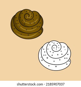 A set of pictures, a sweet twisted bun sprinkled with sugar, a vector illustration in cartoon style on a colored background