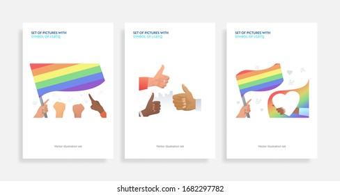 Set of pictures with symbol of LGBTQ. Flat vector illustrations of homosexuals with rainbow hearts. LGBT concept for banner, website design, landing web page