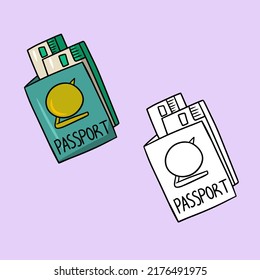 Una serie de fotos, documentos de viaje, billetes de tren y avión. Ilustración vectorial en estilo de caricatura en un fondo de color