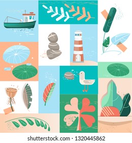 set of pictures tropical summer day. Concept flat marine design style vector graphic illustration set. Image of leaves and flowers. Abstraction. Greeting, cover template. Lighthouse and seagull, lotus