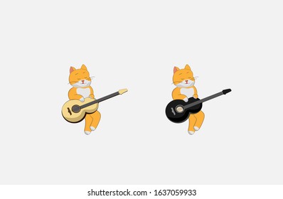 A set of pictures of two red cats, holding in their paws an acoustic guitar of yellow and black color, singing a song