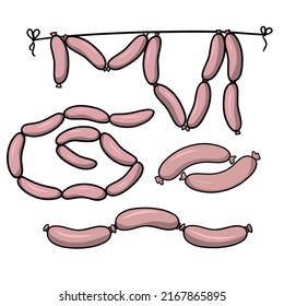 A set of pictures, various delicious pink sausages, vector illustration in cartoon style on a white background