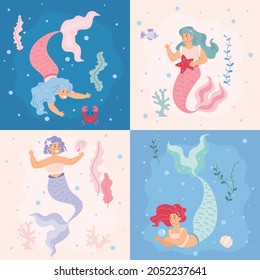 Set of pictures with various mermaids swimming underwater in sea in flat vector illustration on colored backgrounds. Cartoon female characters with mermaid tails, beautiful fairy tales girls, sirens.