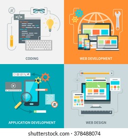 Set of pictures with various stages of website development process vector illustration