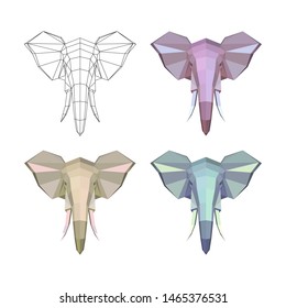 
A set of pictures. Vector image - origami. Logo with an elephant head made of colored paper. Abstract image consists of geometric shapes. Bright fashionable picture, neon colors. Elephant head, frame