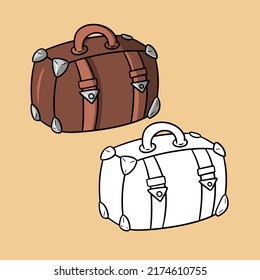 A set of pictures, vintage leather travel suitcase, vector illustration in cartoon style on a colored background, design elements