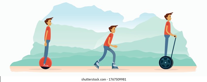 A set of pictures with a young man  rollerblading on roller skates, riding a mono-wheel and a segway, hoverboard. Summer active sports using electronic vehicles. Flat design vector illustration banner