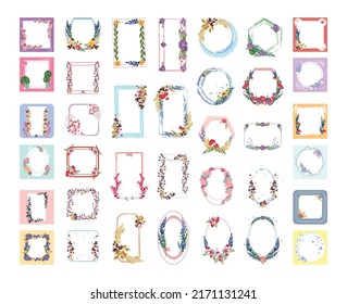 A set of picturesque graceful frames with flowers, twigs, leaves. Multilayer vector watercolor decorated photo frames.
