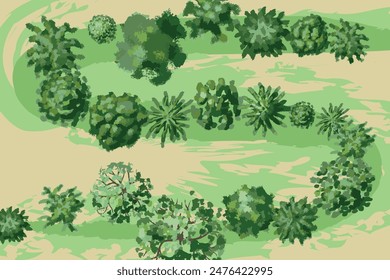 Conjunto de árboles pintorescos en la ilustración de la vista superior del campo verde. Diferentes plantas y árboles (Vista desde arriba) Naturaleza espacios verdes. Ilustración vectorial.
