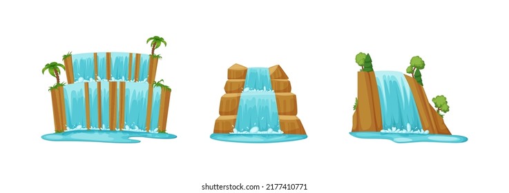 Set of picturesque waterfalls falling from rock stones. Clear water flow streaming from cliffs. Falling water cascades. Natural mountain landscapes design cartoon vector