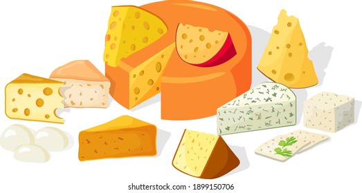 A set of picturesquely arranged pieces of various cheeses.Cheddar ,mozzarella, maasdam,brie, roquefort, gouda, feta and parmesan.Cut into triangles and slices of delicious cheeses. 