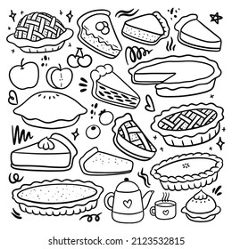 set of pie cake in doodle lone art style vector illustration