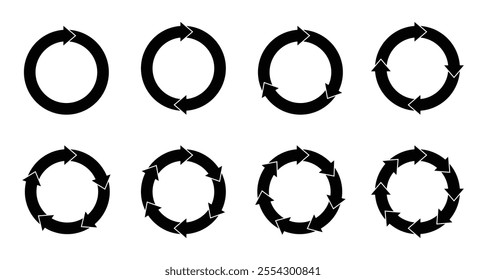 Set of pie chart in black color isolated on white background.  Circle cut with arrow separated by 1, 2, 3, 4, 5, 6, 7, and 8 part. Circle arrows for infographic. 