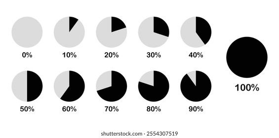 Set of pie chart in black color with increasing percentage 0%, 10%, 20%, 30%, 40%, 50%, 60%, 70%, 80%, 90% and 100%.  Circle icons for infographics. Pie chart diagrams.