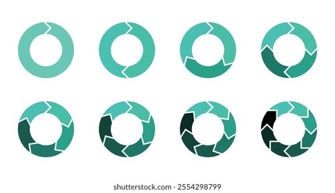 Set of pie chart in blue color isolated on white background.  Circle cut with arrow separated by 1, 2, 3, 4, 5, 6, 7, and 8 part. Circle arrows for infographic. 