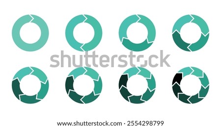 Set of pie chart in blue color isolated on white background.  Circle cut with arrow separated by 1, 2, 3, 4, 5, 6, 7, and 8 part. Circle arrows for infographic. 