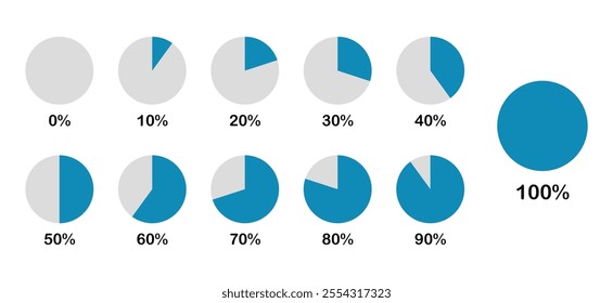 Set of pie chart in blue and grey color with increasing percentage 0%, 10%, 
20%, 30%, 40%, 50%, 60%, 70%, 80%, 90% and 100%. Circle icons for infographics. Pie chart diagrams.