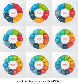 Set of pie chart circle infographic templates with 4-12 options, steps, parts, processes. Vector illustration.