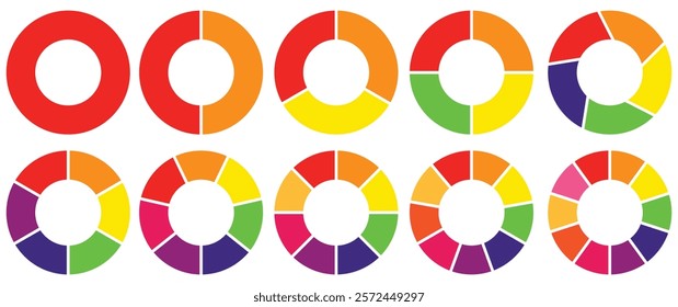 Set of Pie chart color wheel of business report infographic. Colorful Circle section graph and segment. 2,3,4,5,6,7,8,9,10,11,12 slice steps process cycle. Progress sector round diagram part symbol.