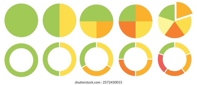 Set of Pie chart color wheel of business report infographic. Colorful Circle section graph and segment. 2,3,4,5,6,7,8,9,10,11,12 slice steps process cycle. Progress sector round diagram part symbol.