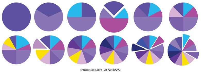 Set of Pie chart color wheel of business report infographic. Colorful Circle section graph and segment. 2,3,4,5,6,7,8,9,10,11,12 slice steps process cycle. Progress sector round diagram part symbol.