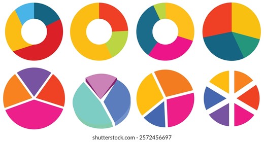 Set of Pie chart color wheel of business report infographic. Colorful Circle section graph and segment. 2,3,4,5,6,7,8,9,10,11,12 slice steps process cycle. Progress sector round diagram part symbol.