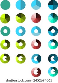 Set of pie chart diagrams. Circles cut on3, 4,5, 6, 8, 10, with empty and filled middle,simple flat design vector illustration.