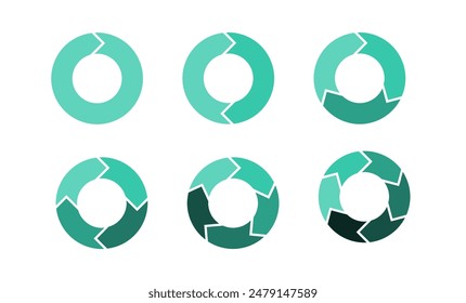 Set of pie chart diagrams. Circles cut separated on1,2,3, 4,5, 6, with empty middle,simple flat design vector illustration.