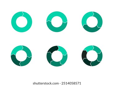 Conjunto de diagramas de gráfico de pizza. Círculos de corte de seta separados em1,2,3, 4,5, 6, com meio vazio, simples design vetor ilustração plana.