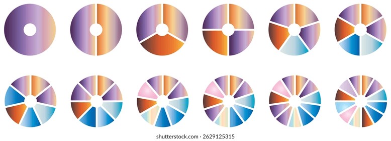 Set of pie chart diagrams. Circles arrow cut separated on1,2,3, 4,5, 6, with empty middle,simple flat design vector illustration.