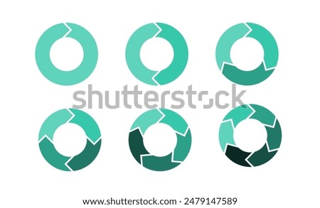 Set of pie chart diagrams. Circles cut separated on1,2,3, 4,5, 6, with empty middle,simple flat design vector illustration.