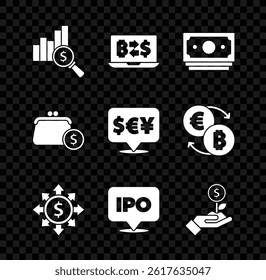 Set Pie chart and dollar, Cryptocurrency exchange, Stacks paper money cash, Dollar, share, network, IPO, plant, Wallet with coins and Currency icon. Vector